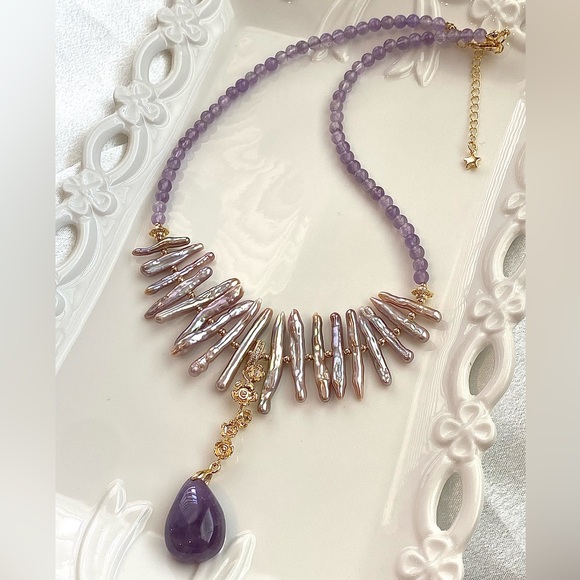 GP35-Handmade Purple Chopstick Pearl And Amethyst Necklace - Picture 5 of 13